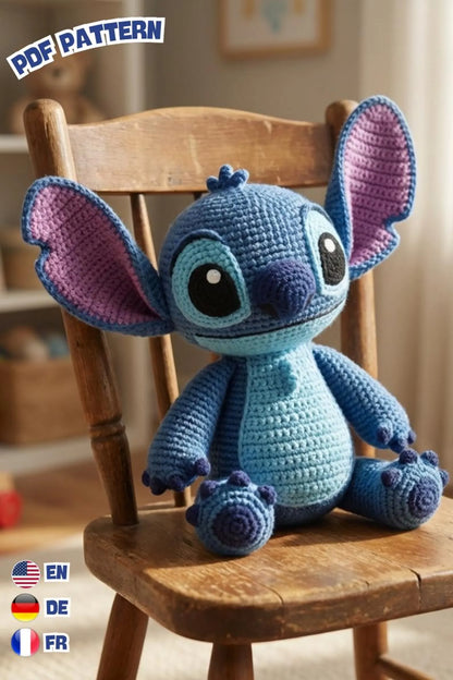 Stitch Amigurumi Häkelanleitung PDF: Blaues Alien Plüsch - Englisch, Deutsch, Französisch