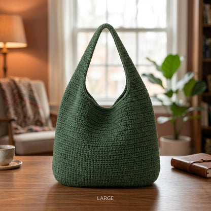 Häkelanleitung für eine Hobo-Tasche (PDF), lässige Tragetasche, einfache lässige Handtasche, nur auf Englisch, US-amerikanische Häkelbegriffe, 3 Größen (Klein, Mittel, Groß)