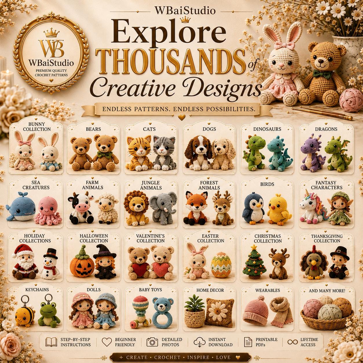 Mega-Häkelmuster-Bundle (PDF) | Amigurumi-Muster-Megasammlung | Anfängerfreundliches Plüschtier-Muster | Niedliches Tier | Sofort-Download