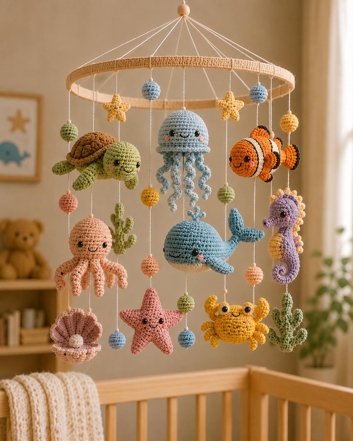 Amigurumi-Babymobile mit Ozeanmotiven (PDF-Anleitung), Häkelanleitung für ein Babybett mit Meerestieren, digitale Kinderzimmerdekoration, DIY-Geschenk zur Babyparty, 5 Sprachen
