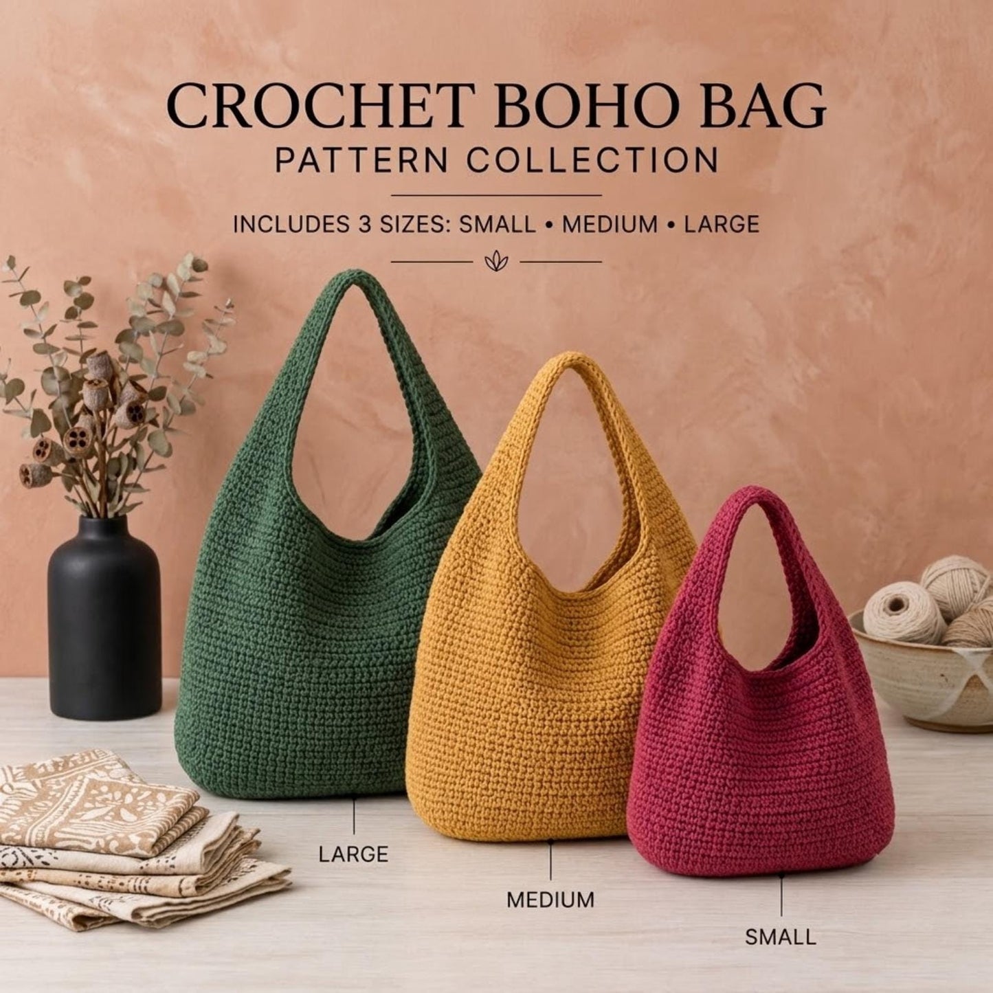 Häkelanleitung für eine Hobo-Tasche (PDF), lässige Tragetasche, einfache lässige Handtasche, nur auf Englisch, US-amerikanische Häkelbegriffe, 3 Größen (Klein, Mittel, Groß)