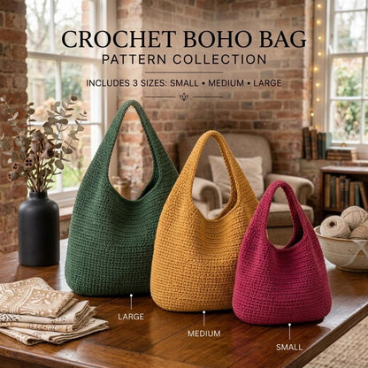 Häkelanleitung für eine Hobo-Tasche (PDF), lässige Tragetasche, einfache lässige Handtasche, nur auf Englisch, US-amerikanische Häkelbegriffe, 3 Größen (Klein, Mittel, Groß)