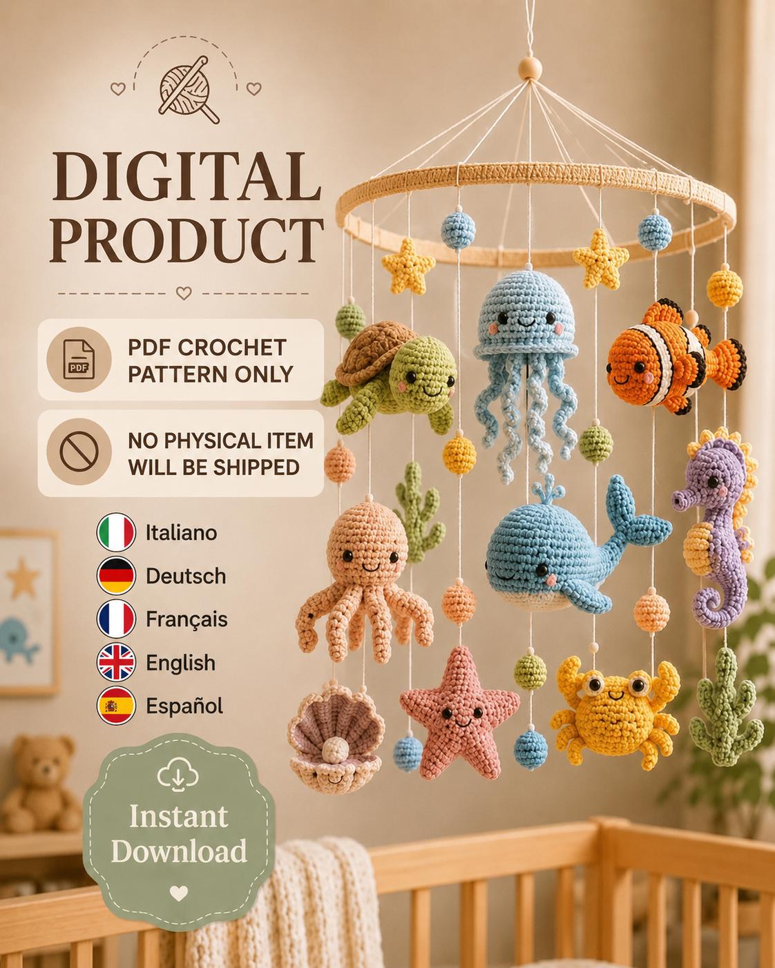 Amigurumi-Babymobile mit Ozeanmotiven (PDF-Anleitung), Häkelanleitung für ein Babybett mit Meerestieren, digitale Kinderzimmerdekoration, DIY-Geschenk zur Babyparty, 5 Sprachen