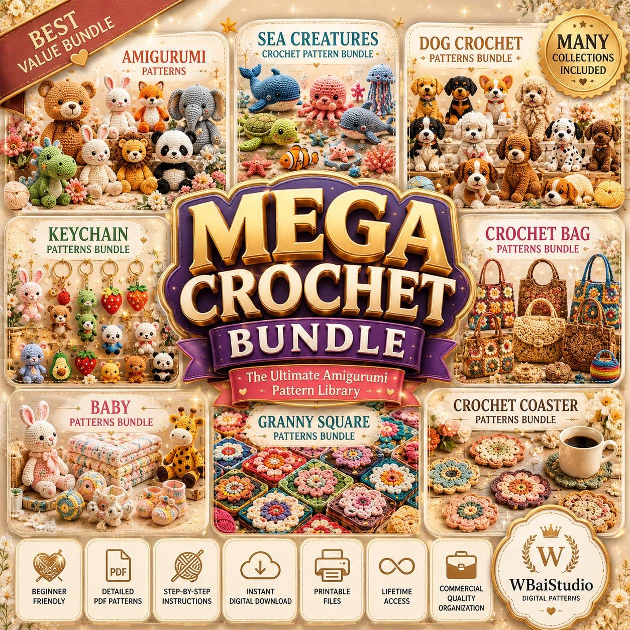 Mega-Häkelmuster-Bundle (PDF) | Amigurumi-Muster-Megasammlung | Anfängerfreundliches Plüschtier-Muster | Niedliches Tier | Sofort-Download