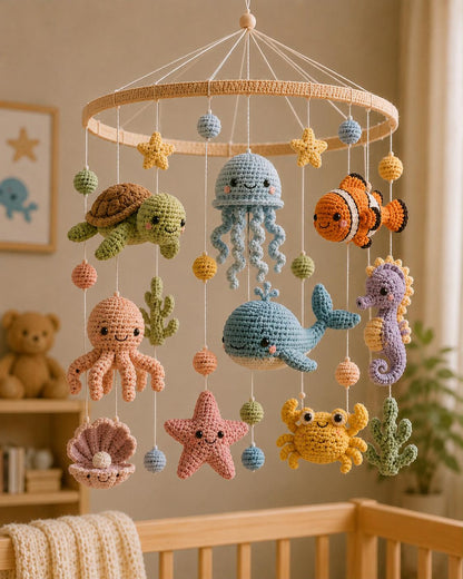 Amigurumi-Babymobile mit Ozeanmotiven (PDF-Anleitung), Häkelanleitung für ein Babybett mit Meerestieren, digitale Kinderzimmerdekoration, DIY-Geschenk zur Babyparty, 5 Sprachen