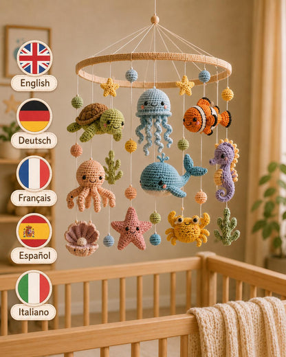 Amigurumi-Babymobile mit Ozeanmotiven (PDF-Anleitung), Häkelanleitung für ein Babybett mit Meerestieren, digitale Kinderzimmerdekoration, DIY-Geschenk zur Babyparty, 5 Sprachen
