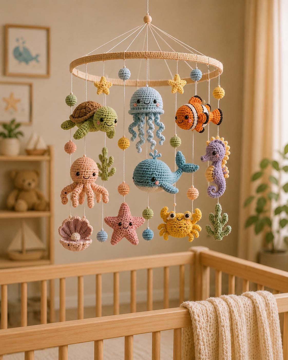 Amigurumi-Babymobile mit Ozeanmotiven (PDF-Anleitung), Häkelanleitung für ein Babybett mit Meerestieren, digitale Kinderzimmerdekoration, DIY-Geschenk zur Babyparty, 5 Sprachen