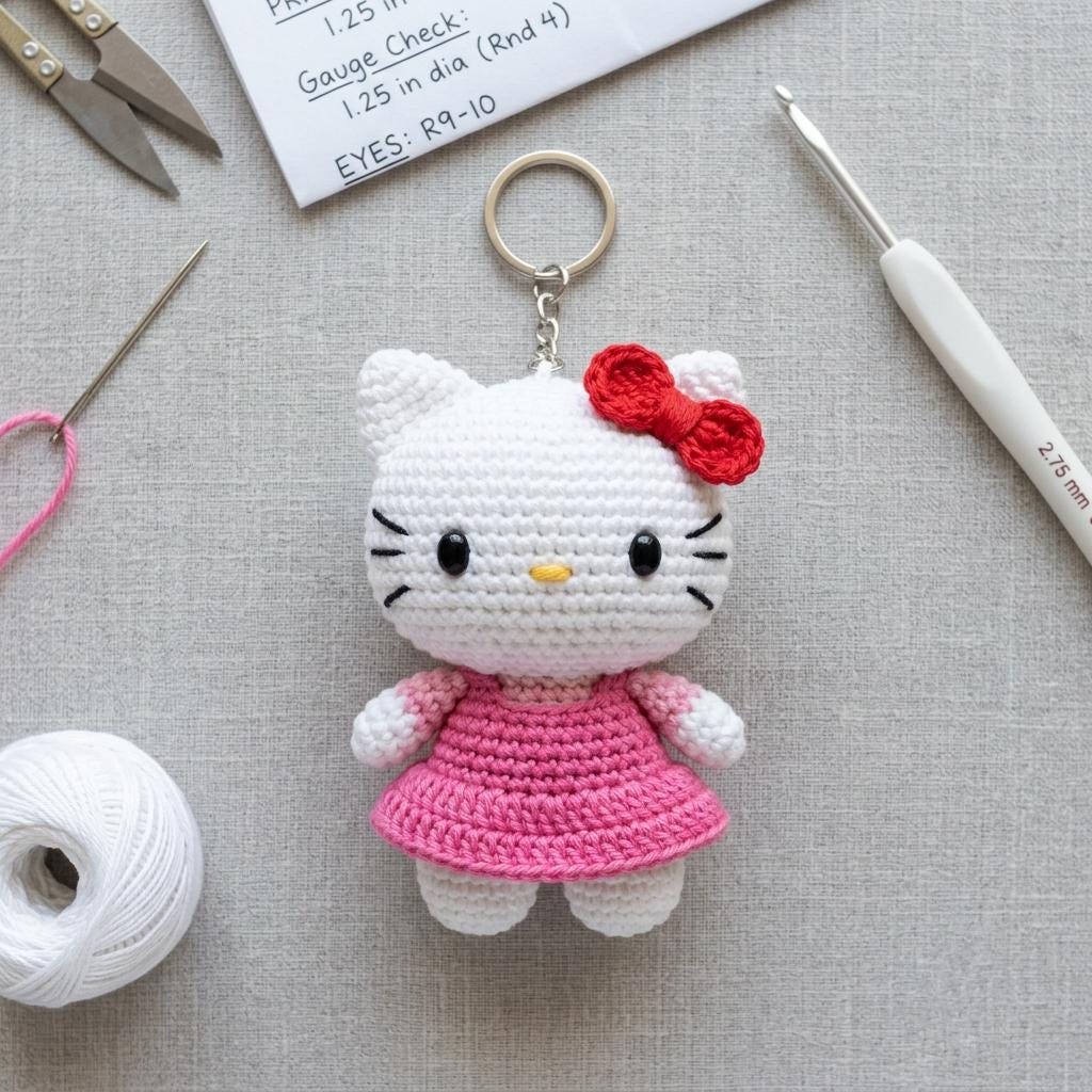 Häkelanleitung für einen Katzen-Schlüsselanhänger, Mini-Kätzchen-Amigurumi-PDF, Anleitung für einen Katzen-Taschenanhänger, einfacher Häkel-Schlüsselanhänger, digitaler Download.